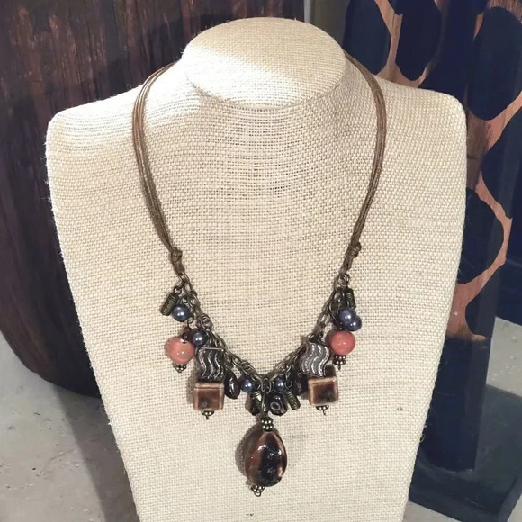 Handcrafted Edgy Earthy Antiqued Porcelain Brass Glass Bauble and Beads Necklace - Picture 2 of 3
